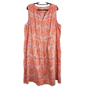 J. Jill Love Linen Printed Linen Midi Dress Orange Sleeveless Shift Pocket Sz 3X